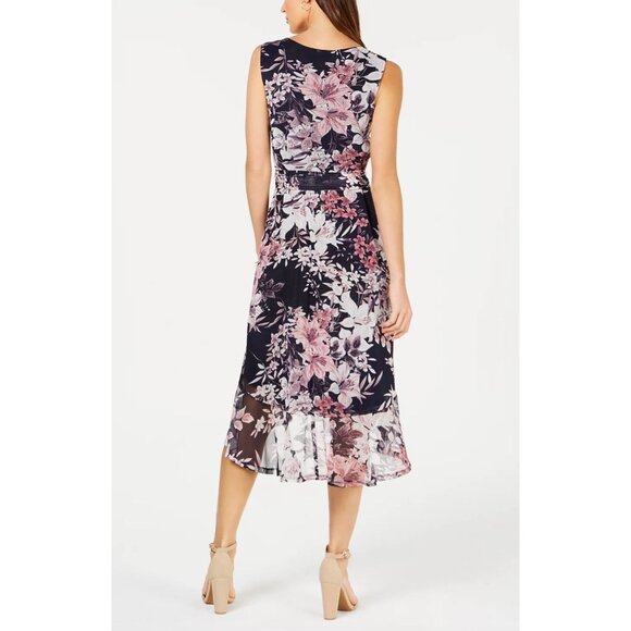 Connected Navy Blue Floral Print Mesh High-Low‎ Ruffled Midi Dress w/Tie Size 16 - Picture 3 of 7